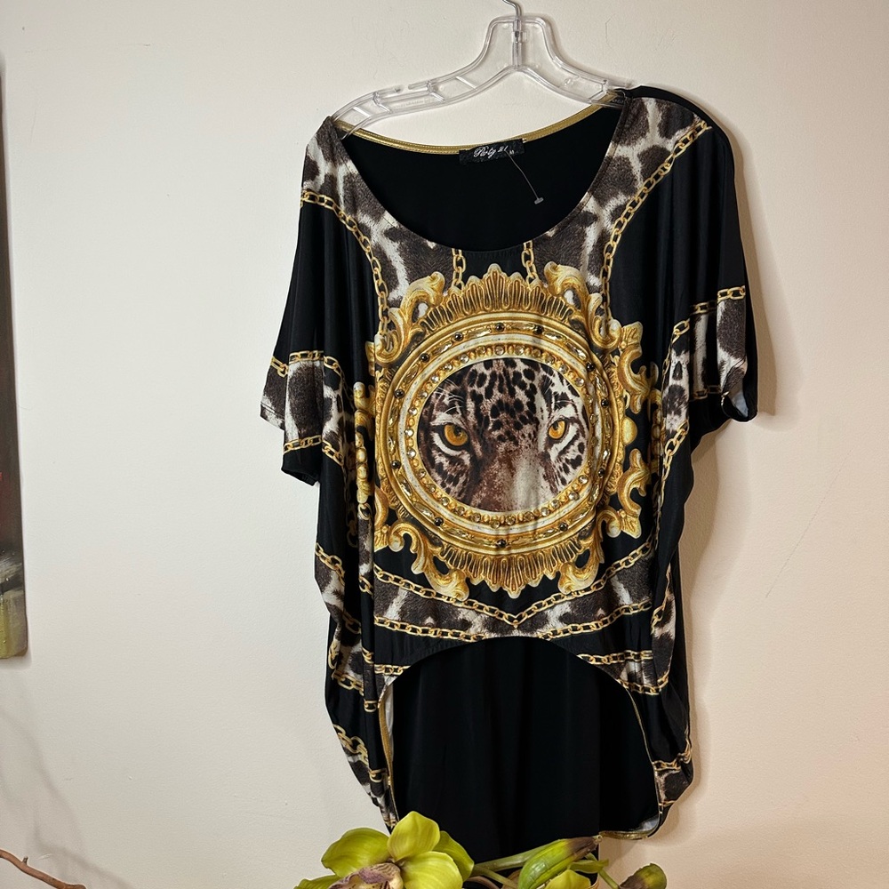 T80- Party 21 made in Turkey Elegant Black and Gold Dolman Sleeve Blouse